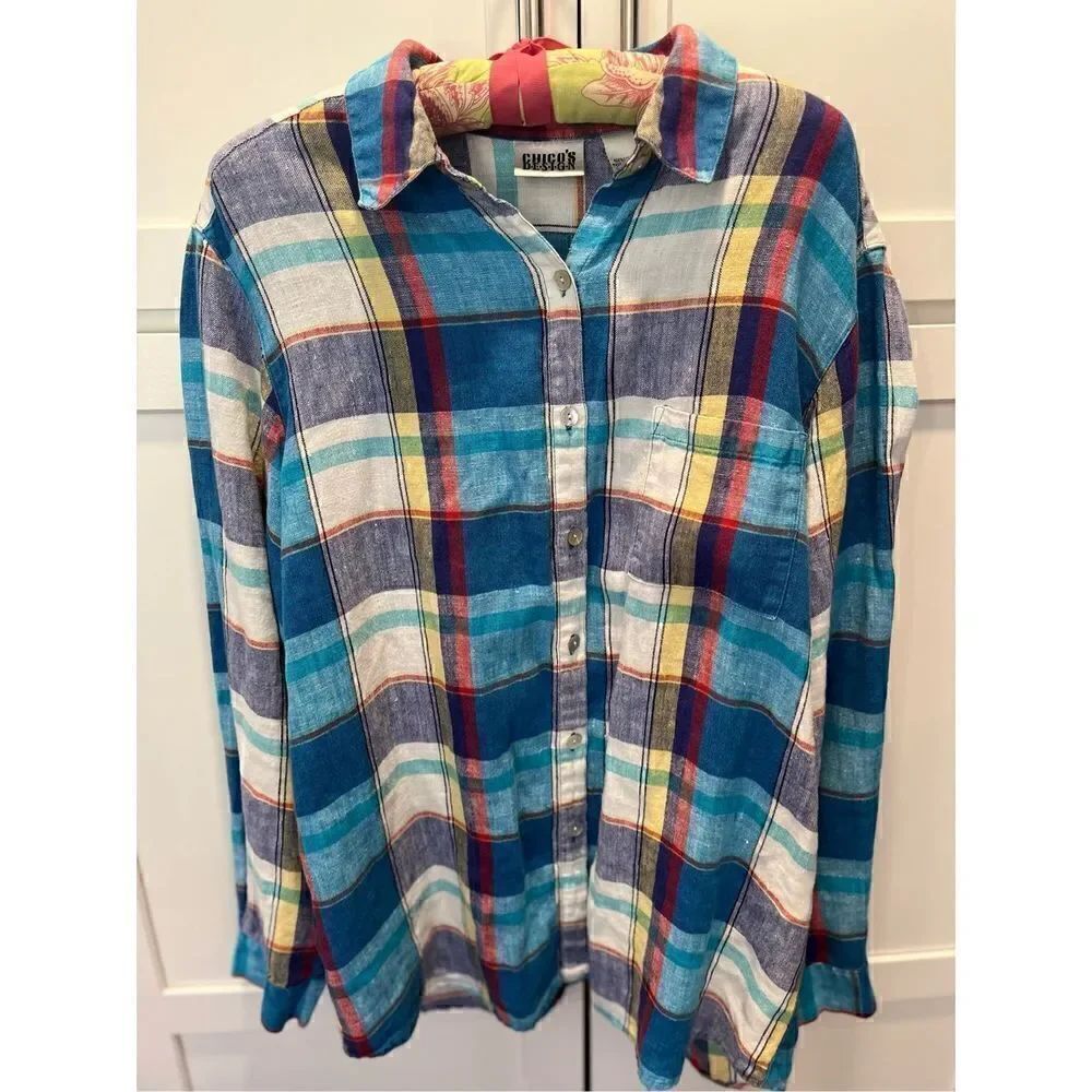Chico’s Design Women’s Plaid Linen Button Down Shirt Sz 12 (Chico Sz 2) Blue